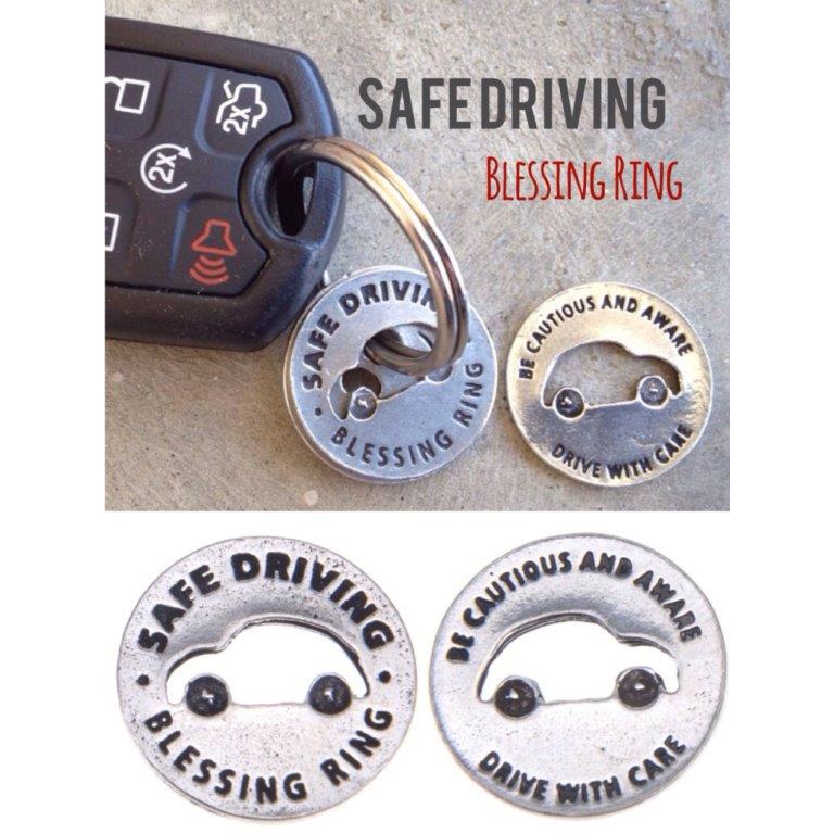 Safe Driving Blessing Ring – Be Cautious Aware Drive with Care Car Double-Sided Silver Token