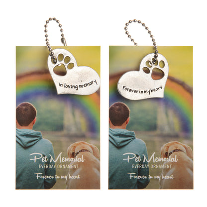 Original product photo showing In loving memory and Forever in my heart sides of pet memorial heart with ball chain on rainbow cards