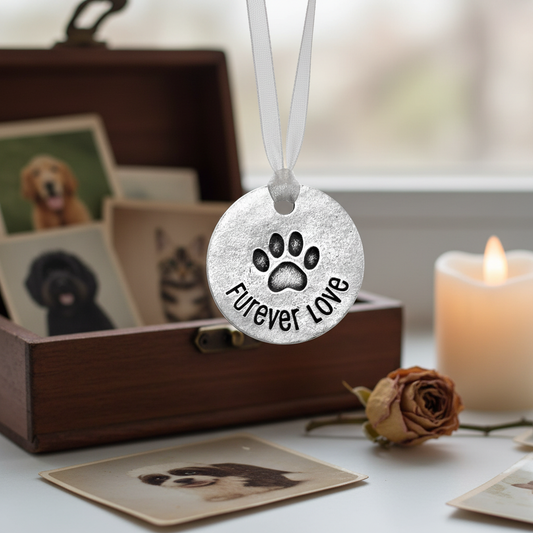 Furever Love Blessing Ring – Pet Memorial Token with Paw Print, Quarter-Size Double-Sided Silver