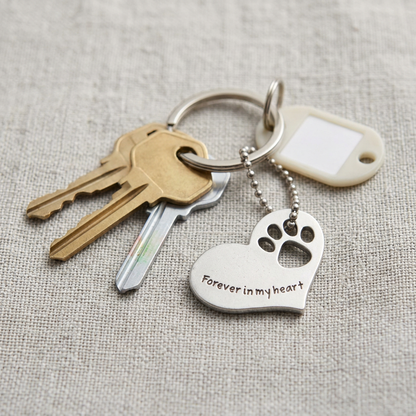 Small pet memorial heart with Forever in my heart message attached by ball chain to a key ring beside house keys