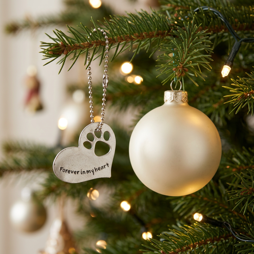 Small pet memorial heart hanging by ball chain beside a larger cream Christmas bauble