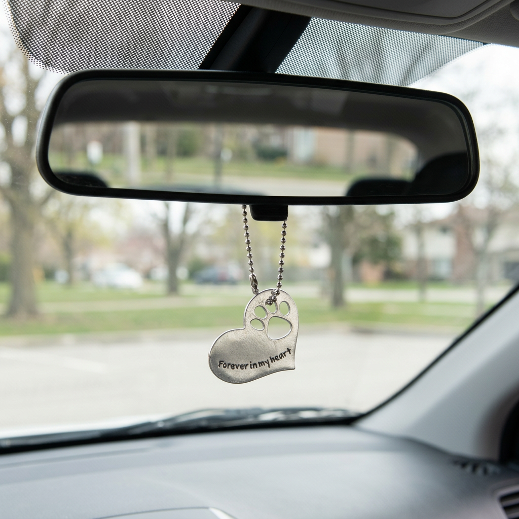 Small pet memorial heart hanging by ball chain beneath a rearview mirror in a parked car