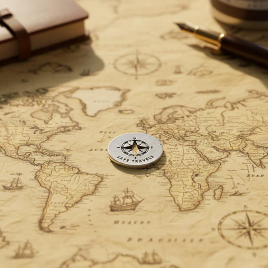 Travel Blessing Ring – Safe Travels Compass Double-Sided Silver Token, Quarter-Size
