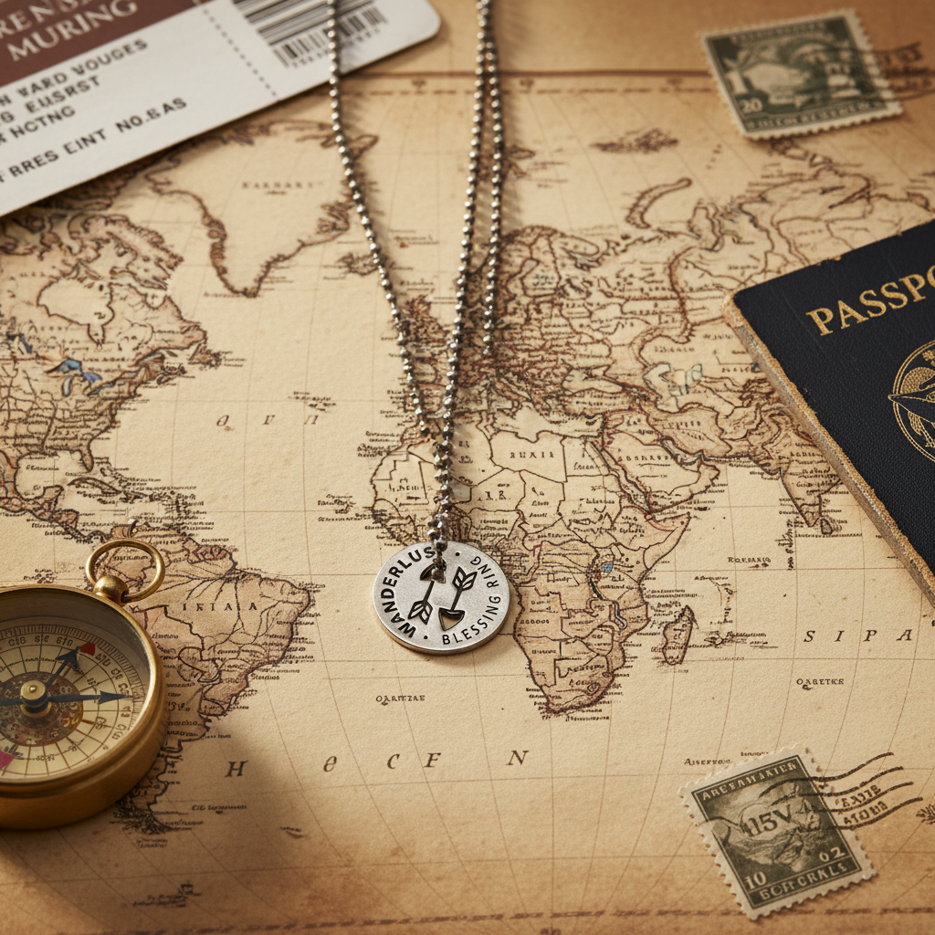 Wanderlust Necklace on Map Flat Lay