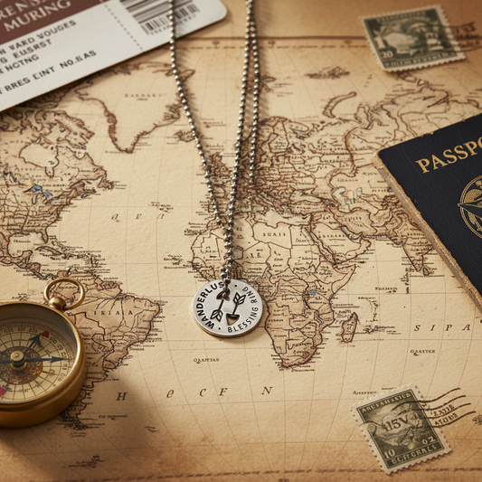 Wanderlust Necklace on Map Flat Lay
