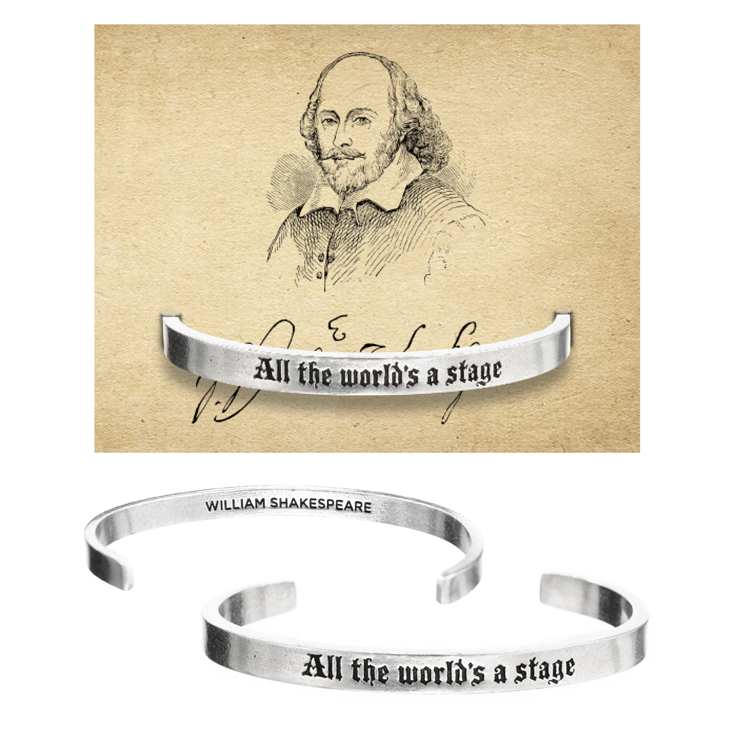 All The World's A Stage Quotable Cuff Bracelet on Shakespeare Backer Card